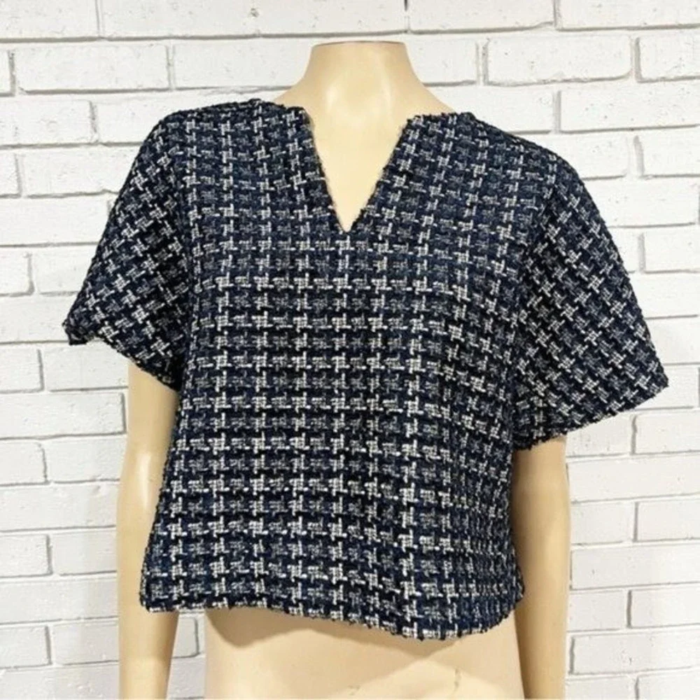 J.Crew Cropped Cap Sleeve Tweed Top Metallic Houndstooth Lined Chic Work Size 14